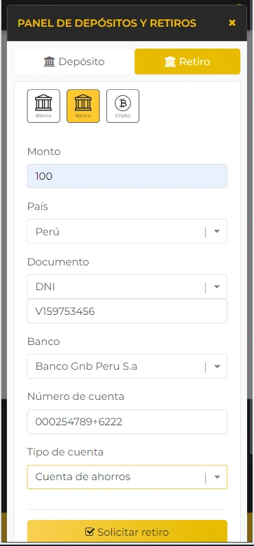 Example of a deposit form